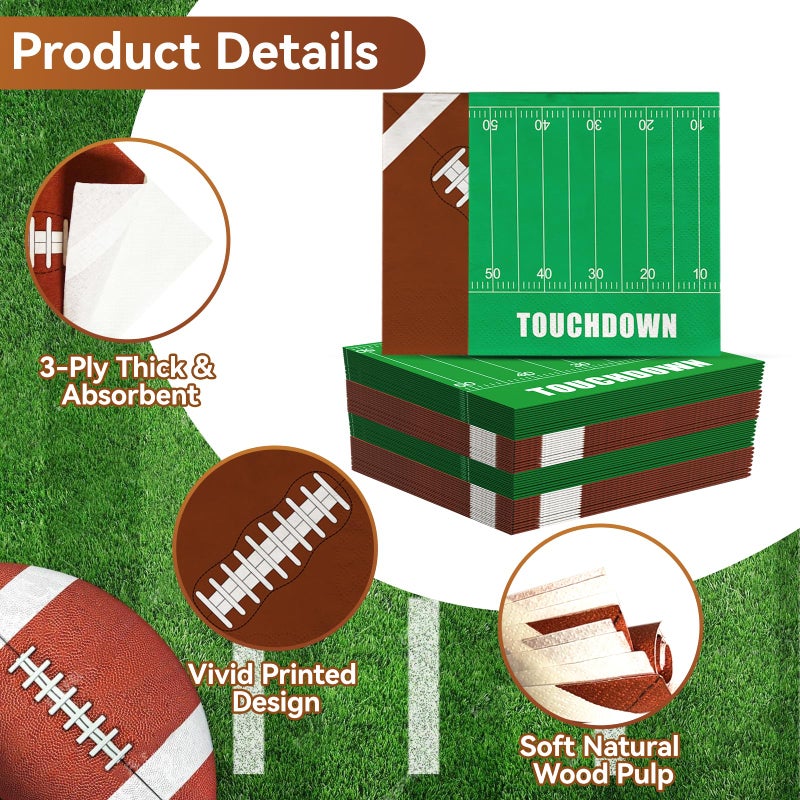 BAIVV Football Paper Napkins Party Decorations - 40 Pack, 6.5 Inch 3-Ply Disposable Napkin with 20 Football Pattern & 20 Field Design, Game day Table Decor for Luncheon, Dinner, Dessert, Cocktail, Birthday - Image 3