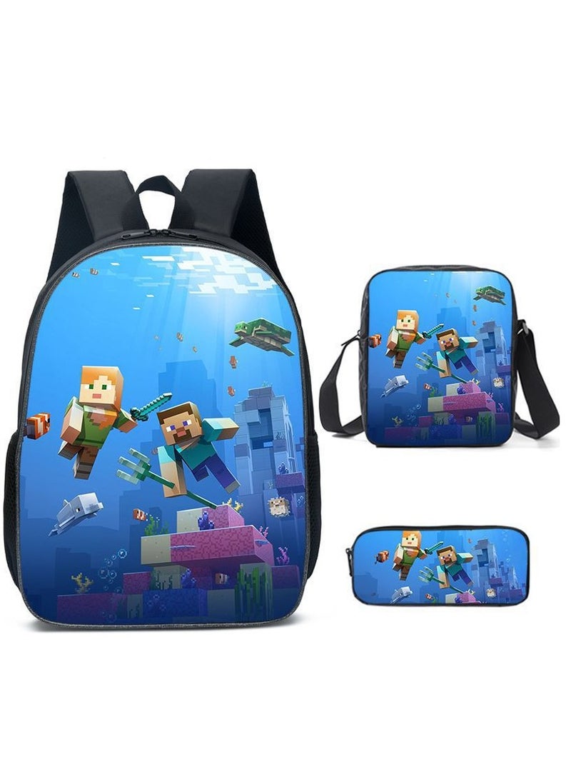 MINECRAFT Digital Printing Large Capacity Backpack Three piece Set Lunch Bag Pen Bag Polyester Comfortable Load Reducing Backpack for Students and Children Unisex - Image 1