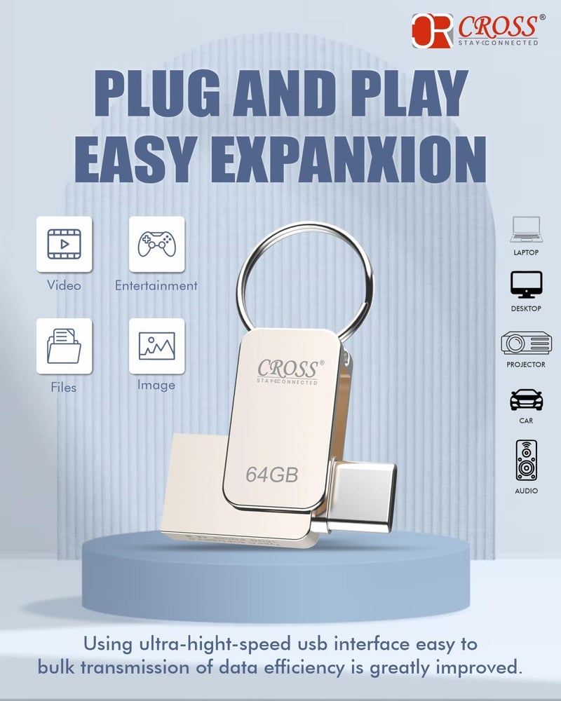CROSS Type-C OTG PENDRIVE,Premium Metal Body with USB 3.0 Technology, 180 Mbps HIGH Speed Data Transfer,16/32/64 128/256 (GB) Compatible with Smartphones, LAPTOPS, TV'S, Gaming Console ETC. (64 GB) - Image 4