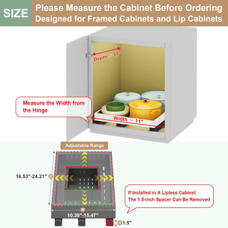 Fokyfok Pull out Cabinet Organizer,Expandable Width(11"-16"),Depth(17"-24") with 3 Rails,Roll out Drawers,No Drill Adjustable Slide out Shelves for Kitchen,Pantry,for Both Lip and Lip-Free Cabinets,Black(1PC) - Image 2