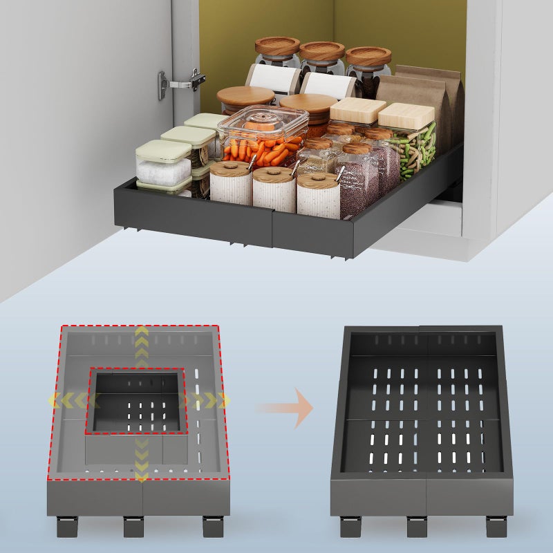 Fokyfok Pull out Cabinet Organizer,Expandable Width(11"-16"),Depth(17"-24") with 3 Rails,Roll out Drawers,No Drill Adjustable Slide out Shelves for Kitchen,Pantry,for Both Lip and Lip-Free Cabinets,Black(1PC) - Image 1