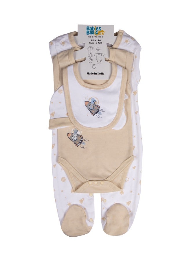 Babies Basic 5 Piece Unisex 100% Cotton Gift Set Include Bib, Romper, Mittens, Cap And Sleepsuit/Jumpsuit  - Image 1