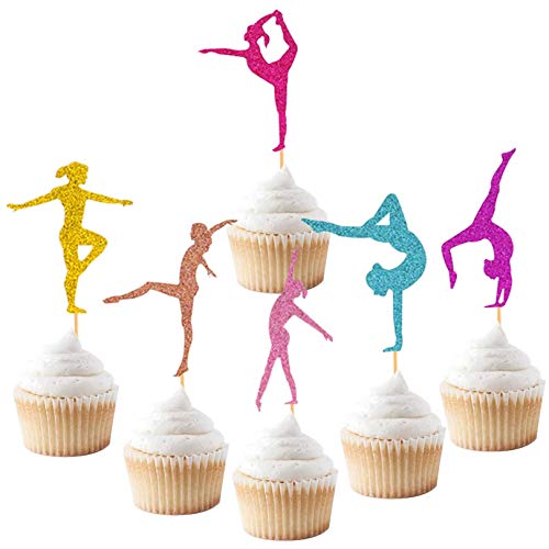 Joymee Gymnastics Cupcake Topper Gymnast Themed Cake Food Fruit Dessert Appetizer Picks Girl Birthday Party Supplies Colorful Glitter Decorations Set of 24 - Image 1
