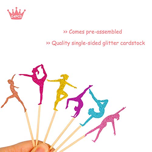 Joymee Gymnastics Cupcake Topper Gymnast Themed Cake Food Fruit Dessert Appetizer Picks Girl Birthday Party Supplies Colorful Glitter Decorations Set of 24 - Image 2