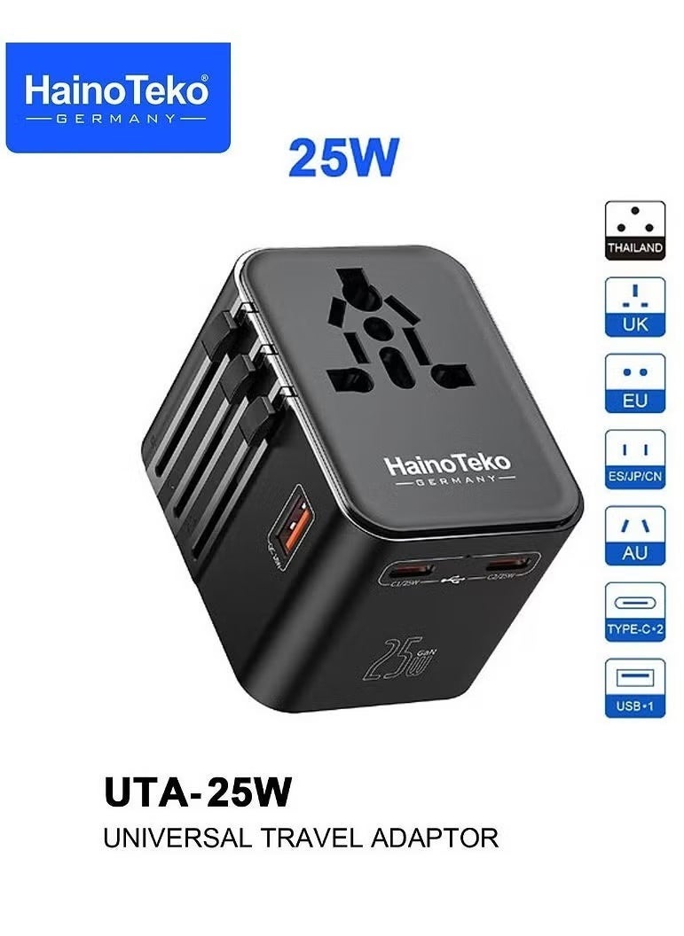 Haino Teko UTA-25W Universal Travel Adapter, 25W Fast Charging with Multi-Region Compatibility, Multiple Output Options (USB-A, USB-C), Compact & Portable – Black - Image 1