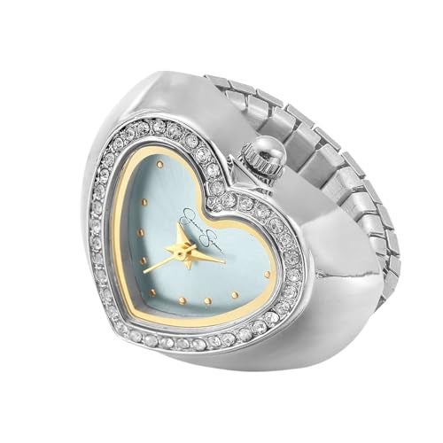 Jessica Simpson Womens Silver Adjustable Ring Watch Crystal Heart Shaped Bezel Quartz Analog Mini Dial Stretch Band Fashion Jewelry Accessory - Image 1