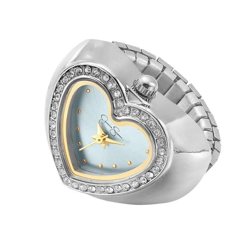 Jessica Simpson Womens Silver Adjustable Ring Watch Crystal Heart Shaped Bezel Quartz Analog Mini Dial Stretch Band Fashion Jewelry Accessory - Image 2