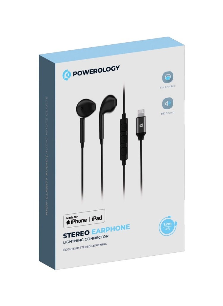 Powerology - Stereo MFi Lightning Earphones/ Headphones/Earphones/Earbuds Hi-Fi with In-Line Remote Compatible for iPhone 14 13 12 11 Pro Max iPhone XS Max 1.2M  - Black - Image 1