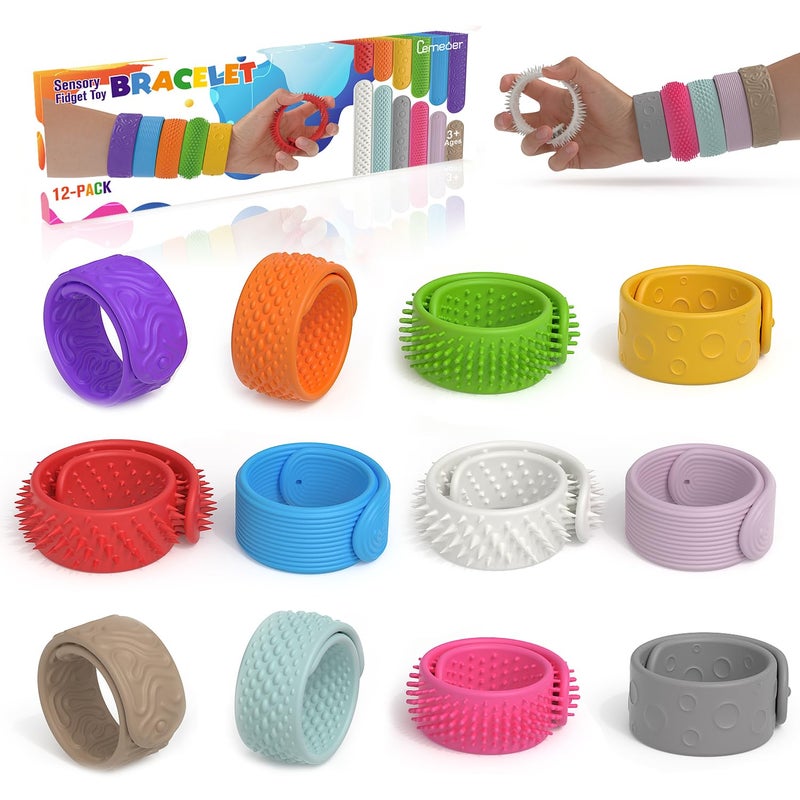 CEMECER Fidget Toys for Kids 12 Pack Textured Silicone Sensory Slap Bracelets Sensory Stress Fidget Toys for Anxiety Autism ADHD Adults Office Desk Travel Airplane Classroom12 Colors - Image 3