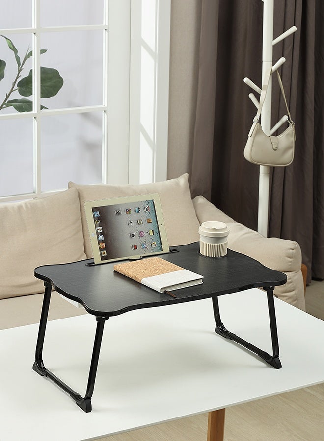 LAWAZIM Folding Table With Drawer - Black Color - Laptop Bed Tray Desk with Flat Surface, Device Slot, Cup Holder, and Storage Drawer - for Bed, Sofa, Floor, Studying, Eating, Reading, and Writing - Image 1