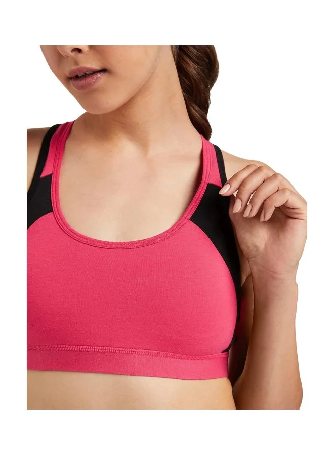 Jockey Ruby & Black 1380 Women Wire free Padded Super Combed Cotton Elastane Stretch Printed Full Coverage Racer Back Styling Active Bra with Stay Fresh and Moisture Move Treatment for Women | Best Price UAE