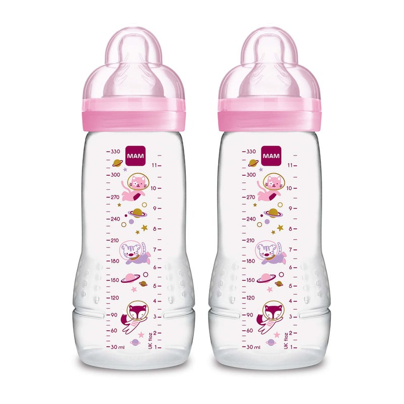 MAM Easy Active Baby Bottles 11oz, Fast Flow Skinsoft Silicone Nipple with Wide Neck Ergonomic Design, Easy to Hold, BPA-Free, Bottles with Leak-Proof Caps for 4+ Months Baby - Image 1