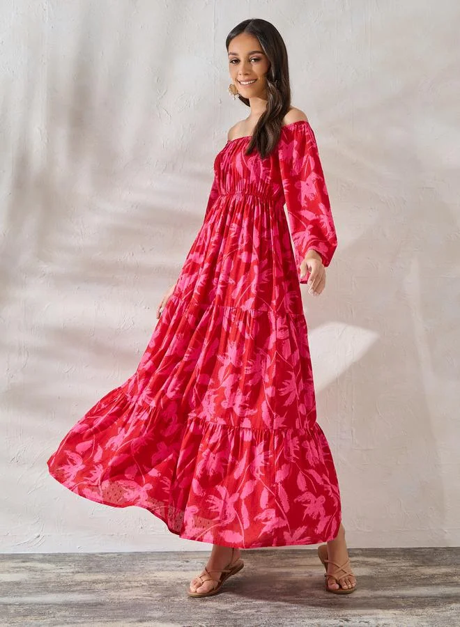 Styli Off Shoulder Neck Floral Tiered Maxi Dress
