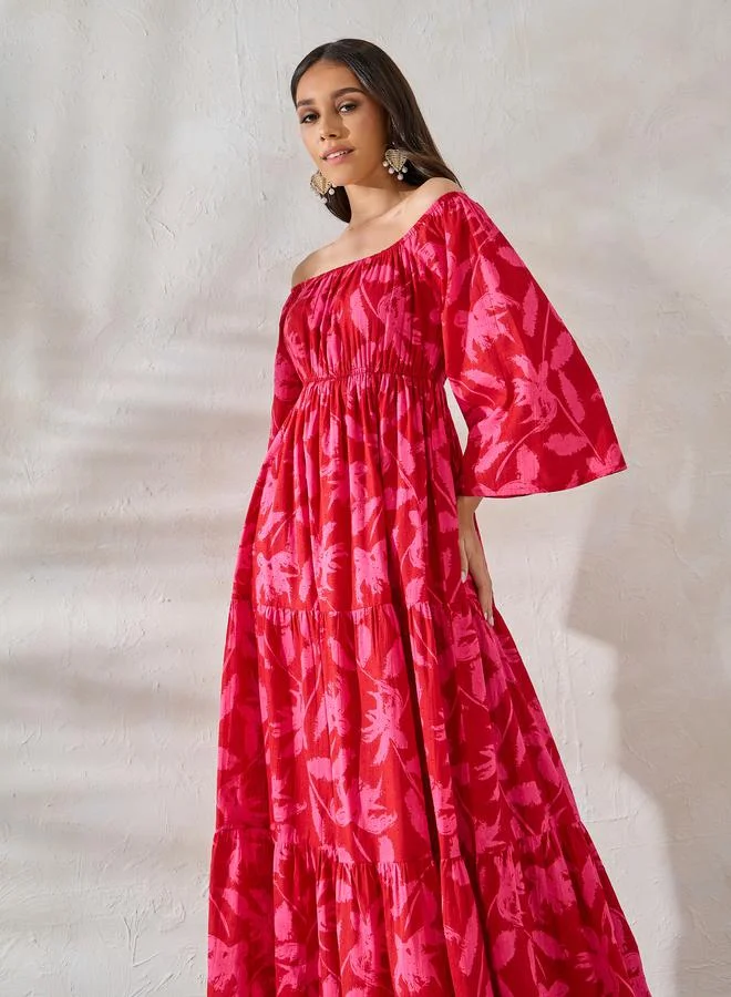 Styli Off Shoulder Neck Floral Tiered Maxi Dress