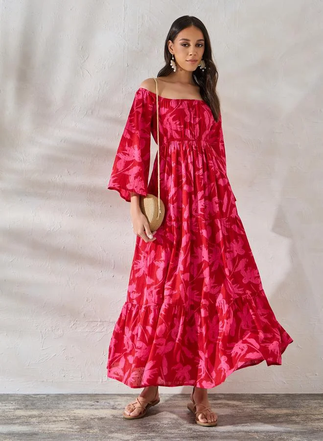 Styli Off Shoulder Neck Floral Tiered Maxi Dress