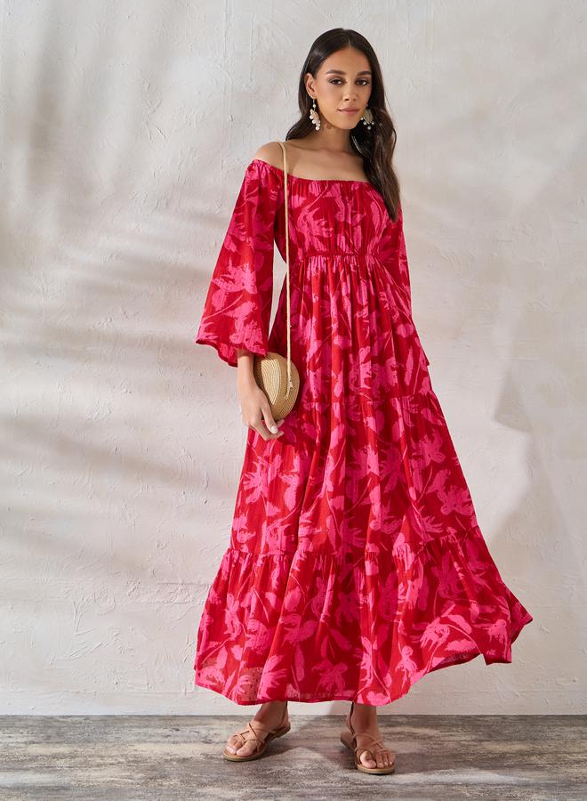 Styli Off Shoulder Neck Floral Tiered Maxi Dress - Image 1