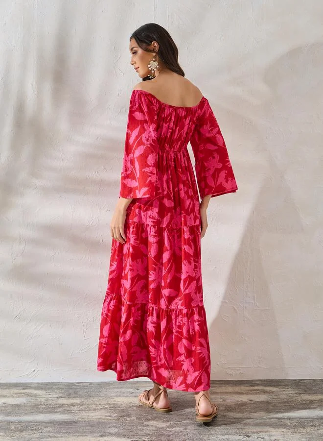 Styli Off Shoulder Neck Floral Tiered Maxi Dress