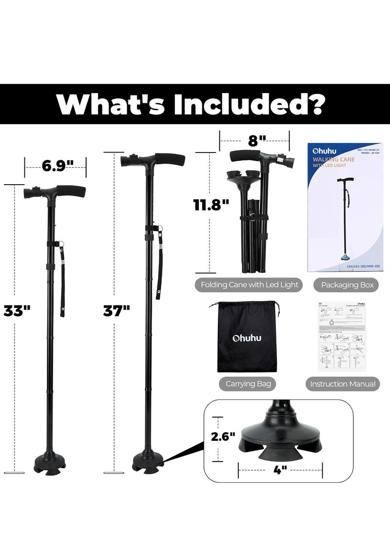 WENTCCION Walking Cane for Men Women Walking Canes with LED Light Folding Walking Stick Adjustable Free Standing Canes with Wrist Strap Travel Bag for Seniors Adults  - Image 3