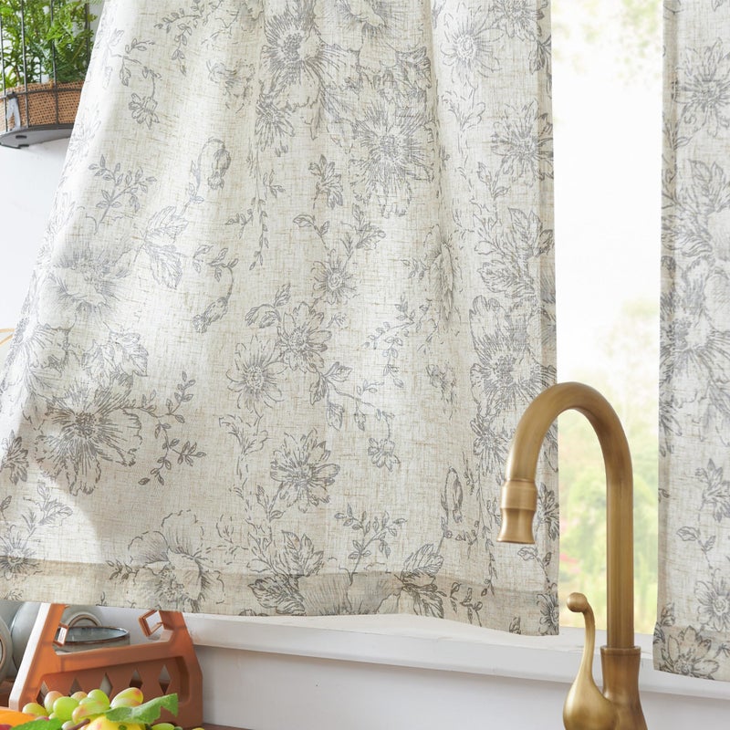 jinchan Floral Linen Tier Curtains Grey Flower on Beige Cafe Curtains 36 Inch Length Kitchen Living Room Bedroom Bathroom Farmhouse Rustic Country Rod Pocket 2 Panels - Image 4