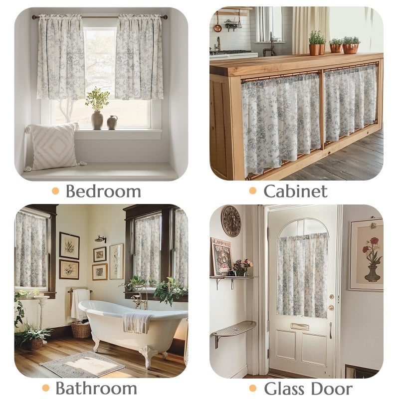 jinchan Floral Linen Tier Curtains Grey Flower on Beige Cafe Curtains 36 Inch Length Kitchen Living Room Bedroom Bathroom Farmhouse Rustic Country Rod Pocket 2 Panels - Image 3