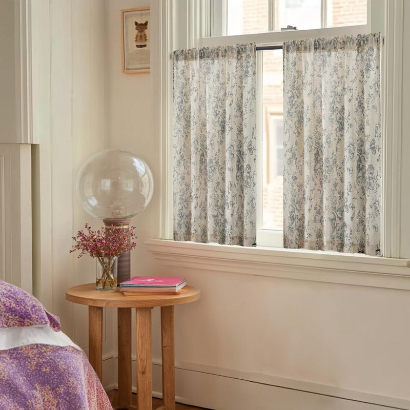 jinchan Floral Linen Tier Curtains Grey Flower on Beige Cafe Curtains 36 Inch Length Kitchen Living Room Bedroom Bathroom Farmhouse Rustic Country Rod Pocket 2 Panels - Image 2