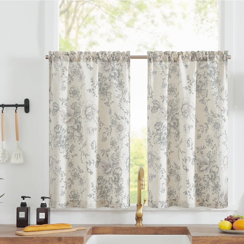 jinchan Floral Linen Tier Curtains Grey Flower on Beige Cafe Curtains 36 Inch Length Kitchen Living Room Bedroom Bathroom Farmhouse Rustic Country Rod Pocket 2 Panels - Image 1