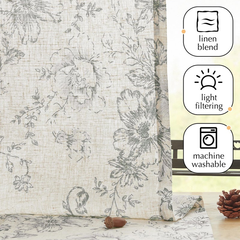jinchan Floral Linen Tier Curtains Grey Flower on Beige Cafe Curtains 36 Inch Length Kitchen Living Room Bedroom Bathroom Farmhouse Rustic Country Rod Pocket 2 Panels - Image 5