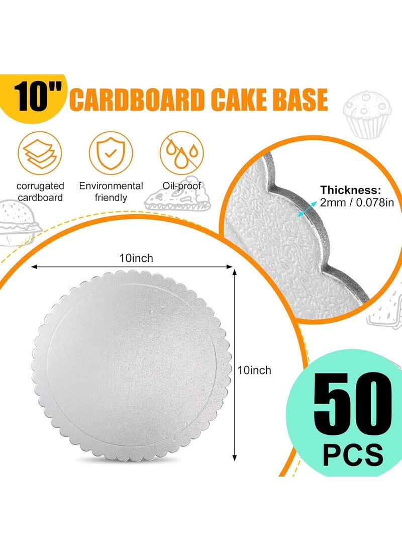 Nuenen Nuenen 50 Pack 10 Inch Cake Boards Round Silver Scallop Edge Cakeboard Disposable Cakeboard Base Grease Proof Cake Plate for Wedding Birthday Cake Dessert Cake Pizza Decorating and Exhibition  - Image 2