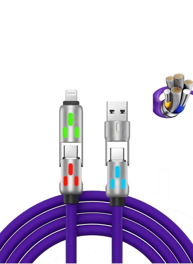 240W 4-in-1 USB C Charging Cable,1.5M Fast Charger Cable with Breathing Light, Multi Charging Cable Compatible with iPhone, Samsung, and Laptops, Silicone, Bending Resistance, Metal Ports (Purple) - Image 4