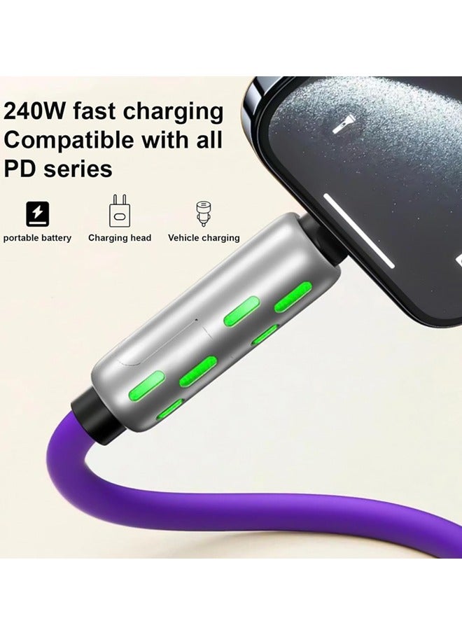 240W 4-in-1 USB C Charging Cable,1.5M Fast Charger Cable with Breathing Light, Multi Charging Cable Compatible with iPhone, Samsung, and Laptops, Silicone, Bending Resistance, Metal Ports (Purple) - Image 2