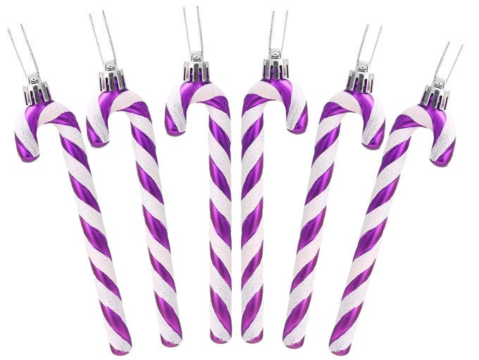 PACK OF 613CM GLITTER CANDY CANE CHRISTMAS TREE DECORATIONS PURPLE WHITE