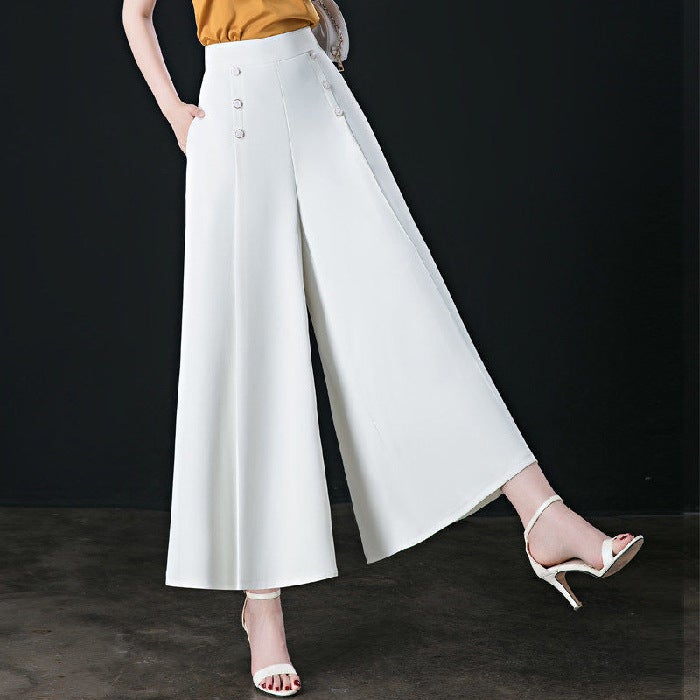 Womens wide-leg pants 2023 new spring and summer high waist loose slimming middle-aged womens pants cropped culottes casual swing pants White  - Image 1