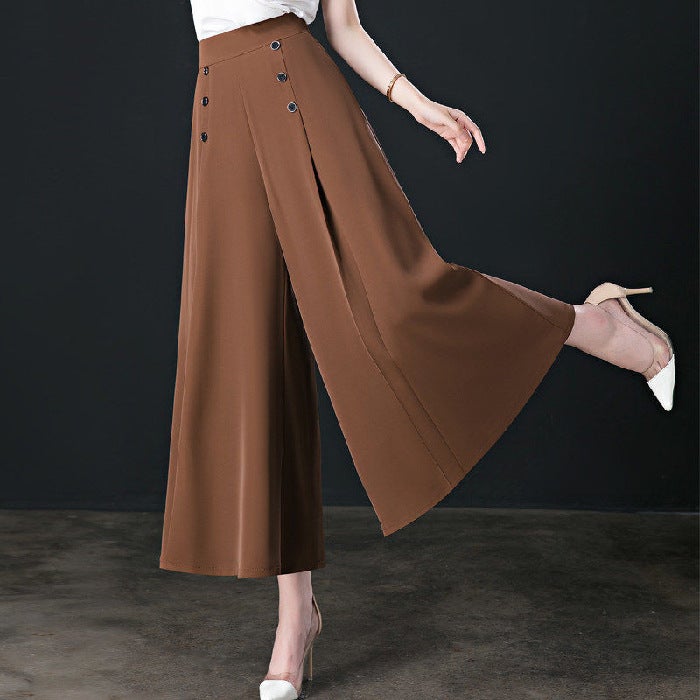 Womens wide-leg pants 2023 new spring and summer high waist loose slimming middle-aged womens pants cropped culottes casual swing pants White  - Image 3