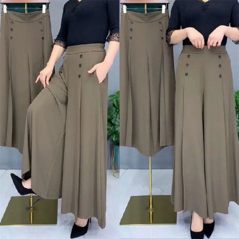 Womens wide-leg pants 2023 new spring and summer high waist loose slimming middle-aged womens pants cropped culottes casual swing pants White  - Image 5