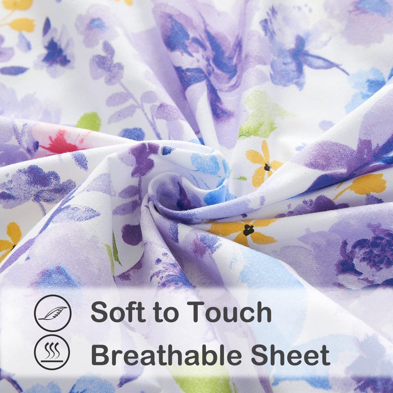 Mooreeke Floral Full Sheets, Soft Breathable Microfiber Vintage Printed Bed Sheet Set, Deep Pocket Non-Slip Fitted Sheet Included, Purple Flower Pattern - Image 3
