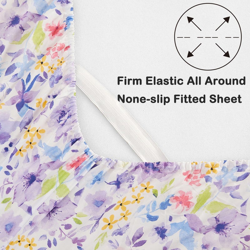 Mooreeke Floral Full Sheets, Soft Breathable Microfiber Vintage Printed Bed Sheet Set, Deep Pocket Non-Slip Fitted Sheet Included, Purple Flower Pattern - Image 4
