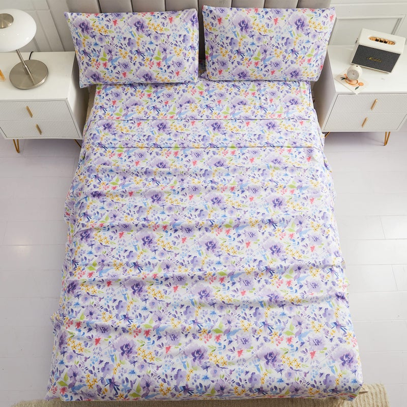 Mooreeke Floral Full Sheets, Soft Breathable Microfiber Vintage Printed Bed Sheet Set, Deep Pocket Non-Slip Fitted Sheet Included, Purple Flower Pattern - Image 2
