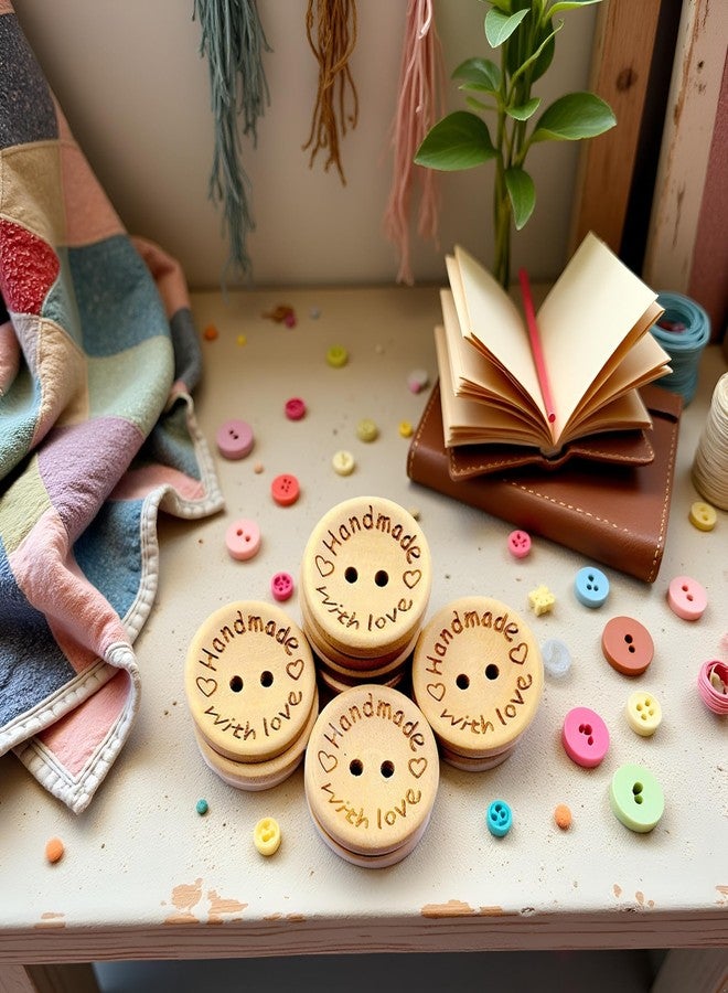 Galepromot 50Pcs Buttons Round 2 Holes Handmade with Love Letter Wooden Button DIY Sewing Decor - 25mm Supplies - Image 2