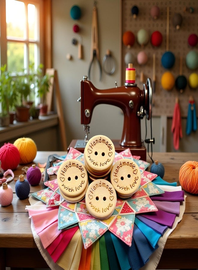Galepromot 50Pcs Buttons Round 2 Holes Handmade with Love Letter Wooden Button DIY Sewing Decor - 25mm Supplies - Image 4
