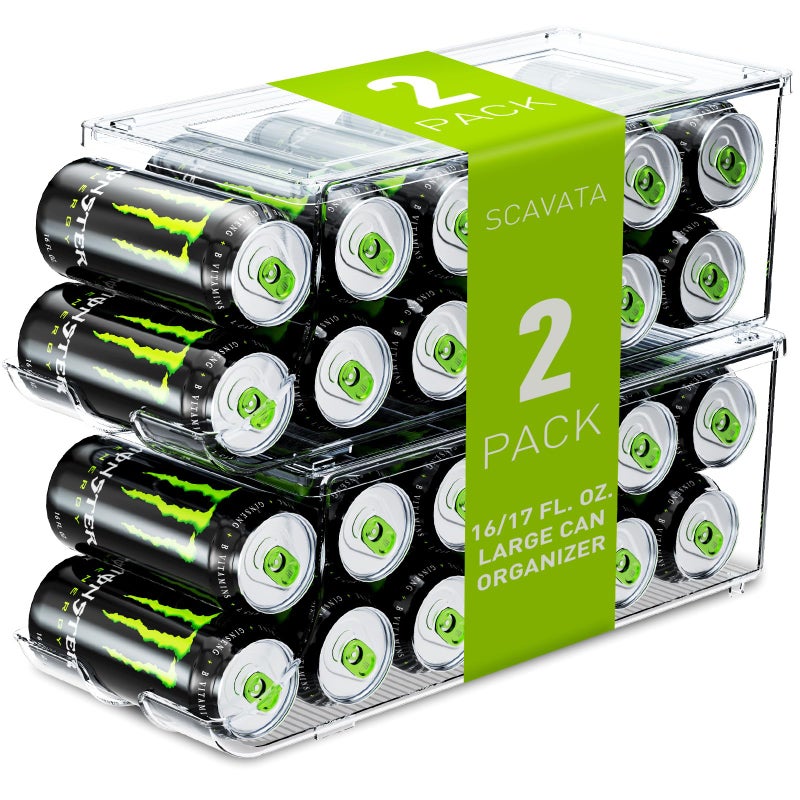 SCAVATA 2 Pack Tall Skinny Can Organizer for Refrigerator, Stackable Large Soda Cans of 16oz & 17oz Beverage Energy Drink Container Holder Dispenser with Lid for Fridge, Clear Storage Plastic Bins - Image 1