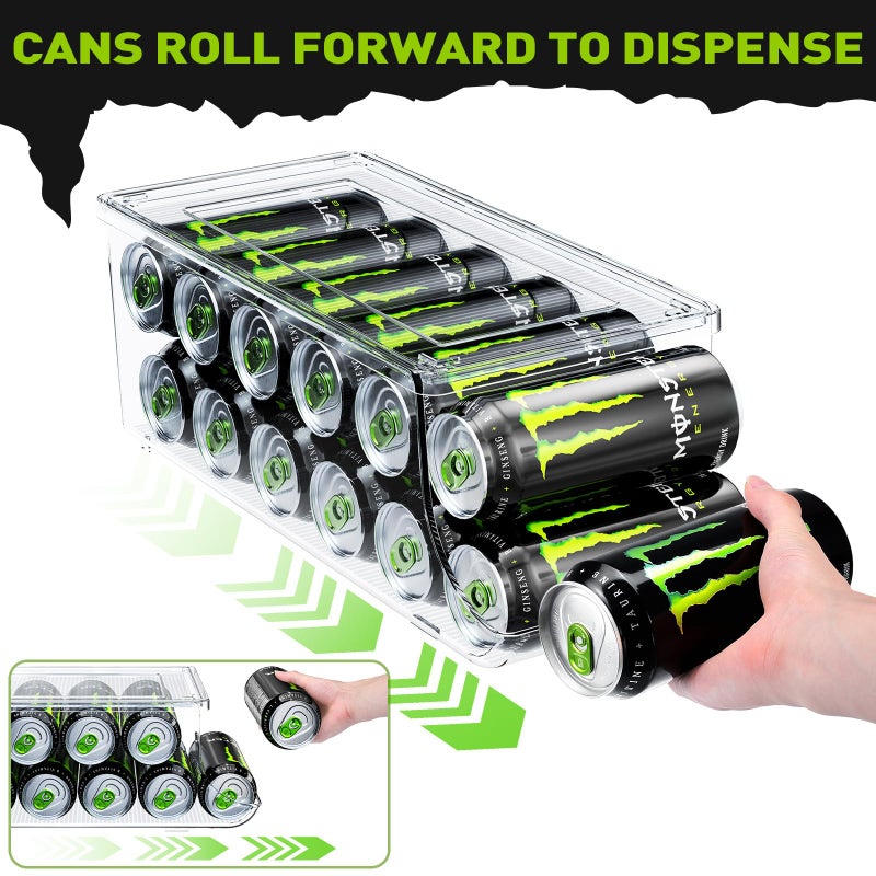 SCAVATA 2 Pack Tall Skinny Can Organizer for Refrigerator, Stackable Large Soda Cans of 16oz & 17oz Beverage Energy Drink Container Holder Dispenser with Lid for Fridge, Clear Storage Plastic Bins - Image 3