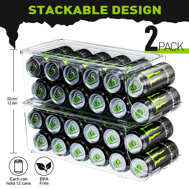 SCAVATA 2 Pack Tall Skinny Can Organizer for Refrigerator, Stackable Large Soda Cans of 16oz & 17oz Beverage Energy Drink Container Holder Dispenser with Lid for Fridge, Clear Storage Plastic Bins - Image 2
