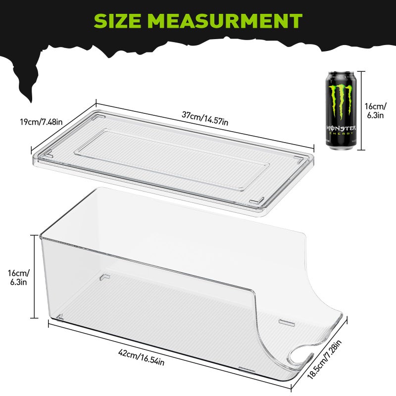 SCAVATA 2 Pack Tall Skinny Can Organizer for Refrigerator, Stackable Large Soda Cans of 16oz & 17oz Beverage Energy Drink Container Holder Dispenser with Lid for Fridge, Clear Storage Plastic Bins - Image 5