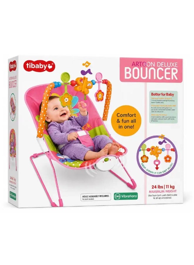 Tiibaby Cartoon Deluxe Baby Bouncer with Toy Bar & Vibrations - Pink