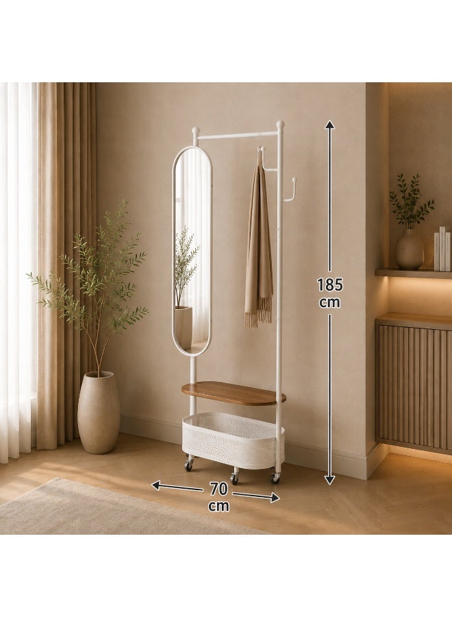 alsaada home Full-Length Floor Mirror with Clothes Hanger Rack & Stand, 185x70 cm - White/Brown - Image 3