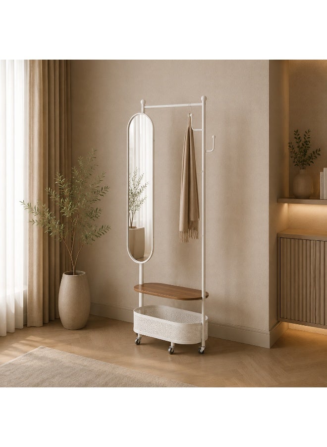 alsaada home Full-Length Floor Mirror with Clothes Hanger Rack & Stand, 185x70 cm - White/Brown - Image 2
