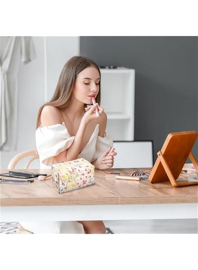 حقيبة مكياج صغيرة مصنوعة من القطن مزينة بتصميم زهور جميلة، حقيبة تجميل عصرية بسحاب، حقيبة أقلام مدرسية، حقيبة سفر لتخزين أدوات العناية الشخصية للنساء والفتيات (زهور صفراء) - Image 2