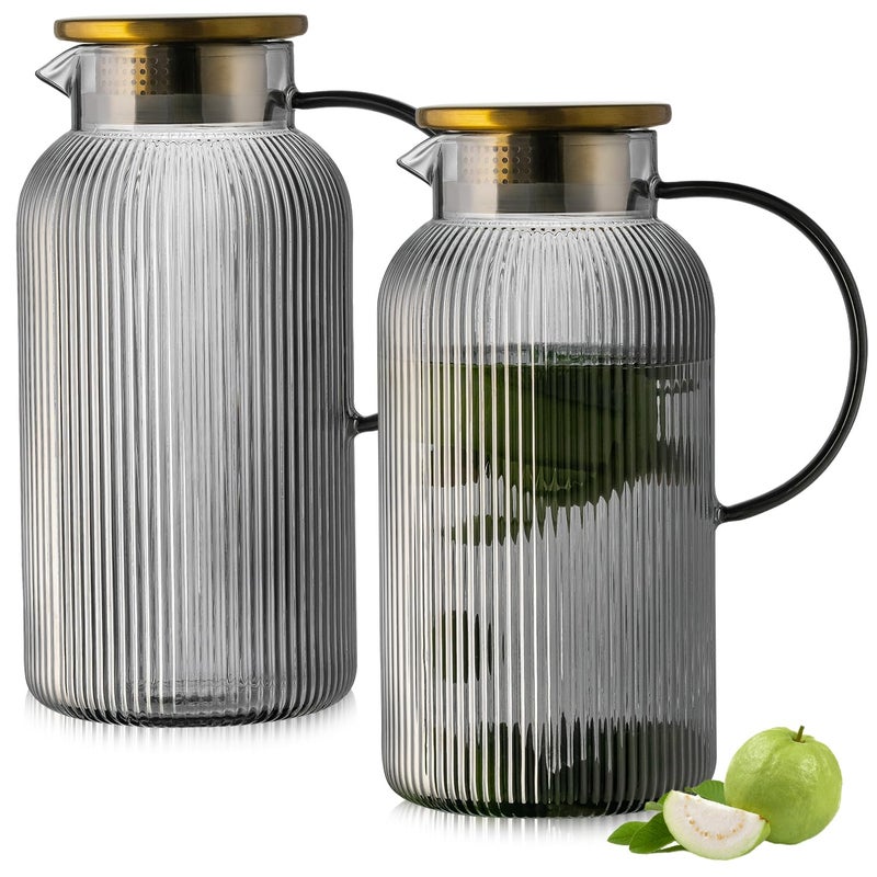 Buaic 2 PACK Glass Pitcher with Lid, 68 oz/ 2 Liter Gray Classic Vertical Stripes Water Pitcher,Glass Water Carafe for Cold Brew, Coffee, Lemonade, Iced Tea,Beverage, Heat Resistant Water Glass Jug - Image 1