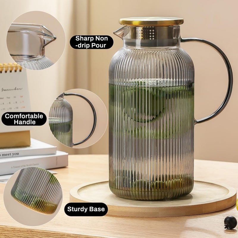 Buaic 2 PACK Glass Pitcher with Lid, 68 oz/ 2 Liter Gray Classic Vertical Stripes Water Pitcher,Glass Water Carafe for Cold Brew, Coffee, Lemonade, Iced Tea,Beverage, Heat Resistant Water Glass Jug - Image 3