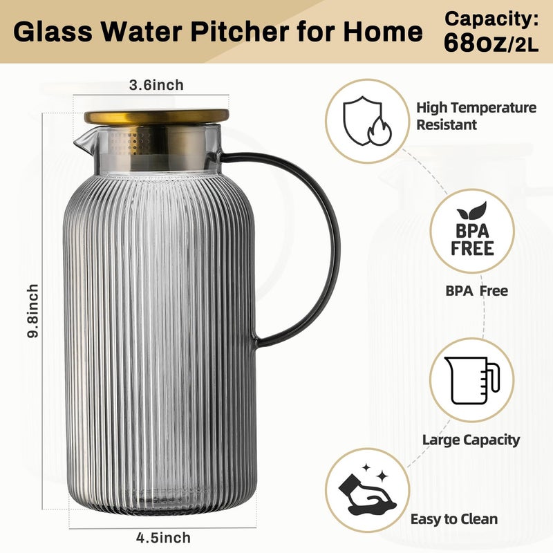 Buaic 2 PACK Glass Pitcher with Lid, 68 oz/ 2 Liter Gray Classic Vertical Stripes Water Pitcher,Glass Water Carafe for Cold Brew, Coffee, Lemonade, Iced Tea,Beverage, Heat Resistant Water Glass Jug - Image 2